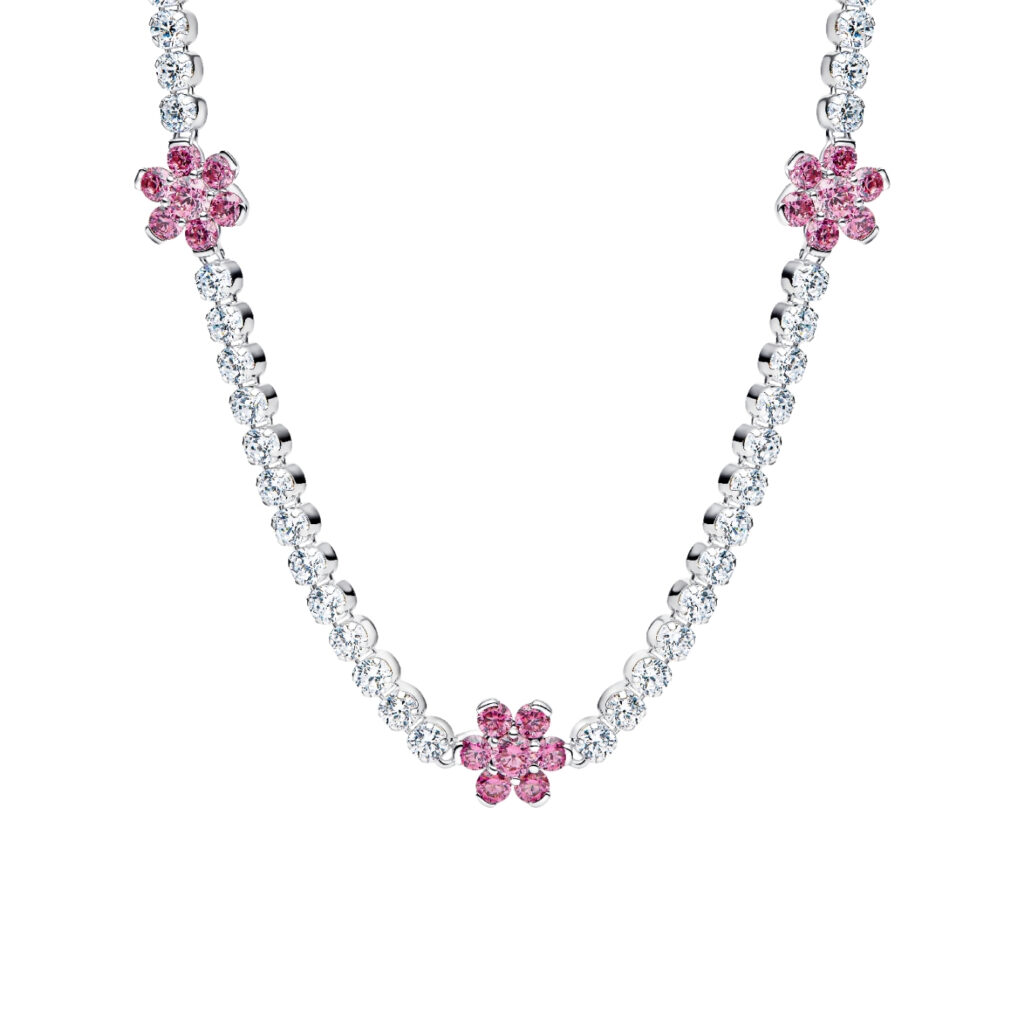 Pandora pink flower sterling silver tennis necklace