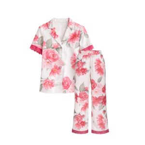 la Vie en Rose camellia print pink floral satin pajama set with lace trim