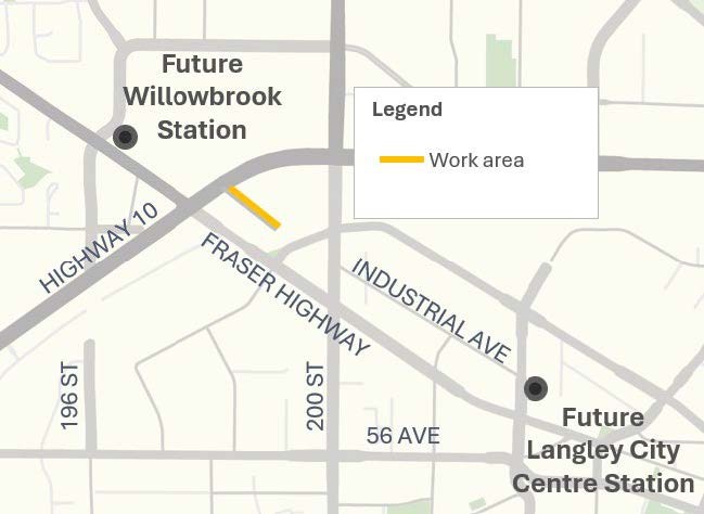 Image depicts the anticipated working area of the Surrey Langley Skytrain Project, and the work that will be happening around Willowbrook Shopping Centre.