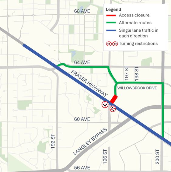 image depicting the road closures and alternate routes around Willowbrook Shopping Centre for the Surrey Langley Skytrain Project