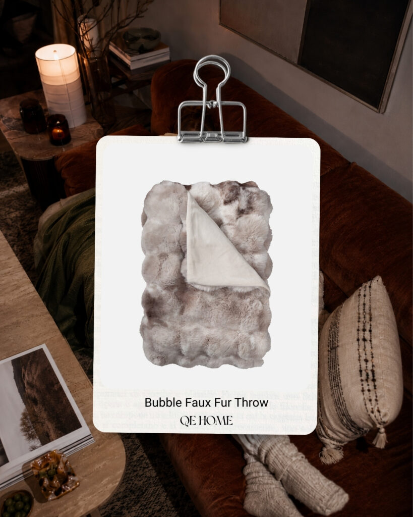 Bubble faux fur throw from QE Home, a cozy gift idea in Willowbrook's Classic Gift Guide in Langley