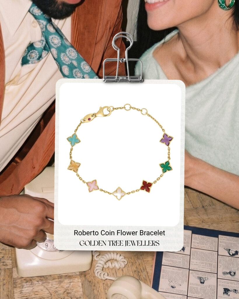 Roberto Coin 18K gold flower bracelet from Golden Tree Jewellers in Willowbrook's Classic Gift Guide